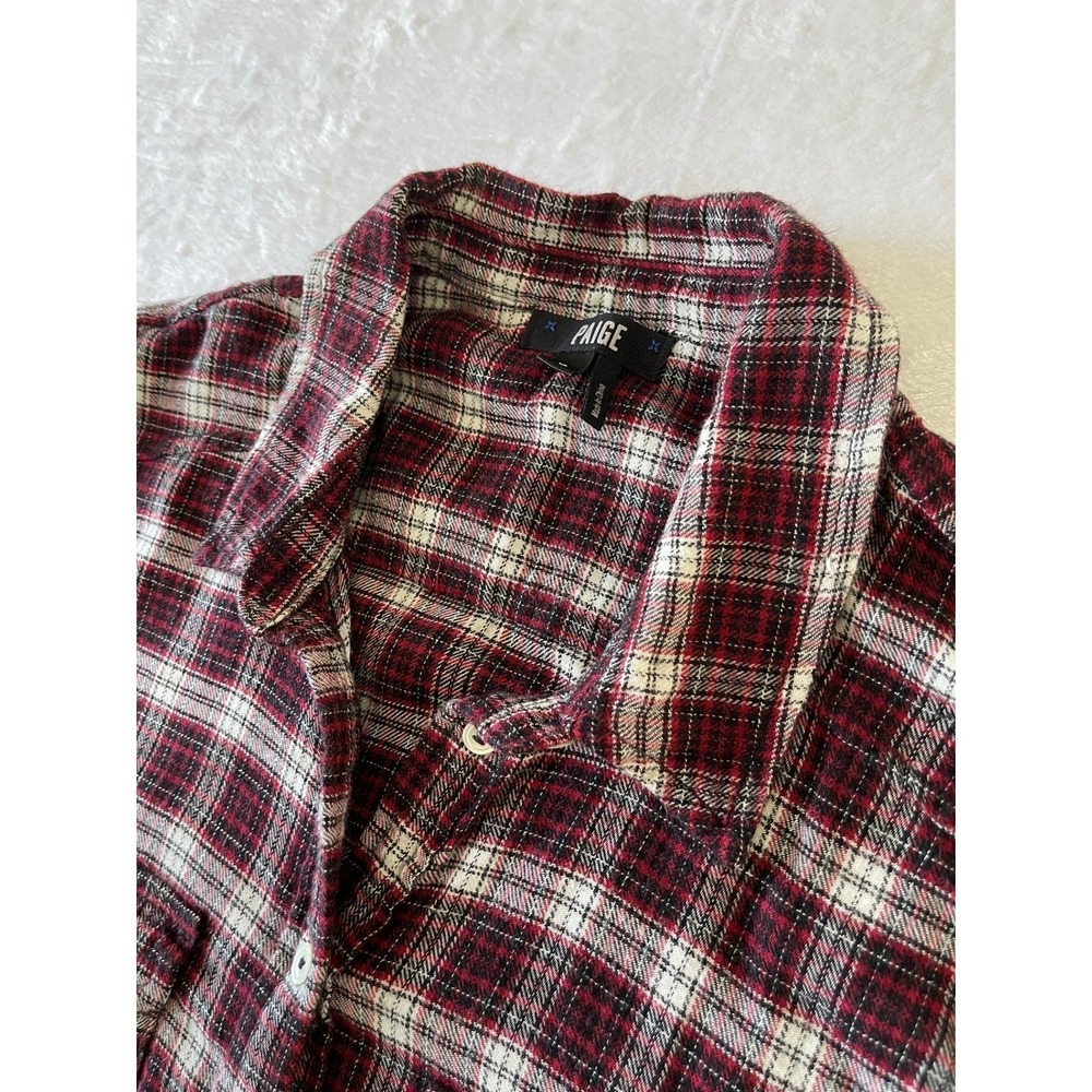 PAIGE Womens Small Plaid Flannel Button Down Shirt Burgundy Black Cotton Rayon - Picture 3 of 10